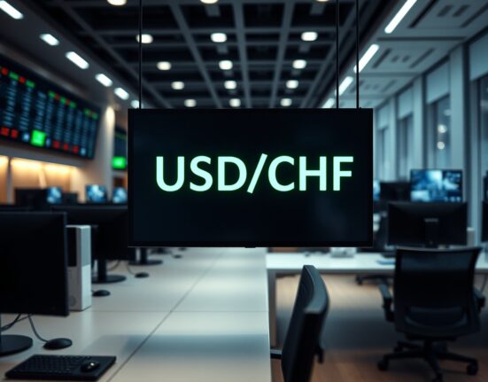 Digital trading screen showing USD/CHF exchange rate declining against a backdrop of financial data