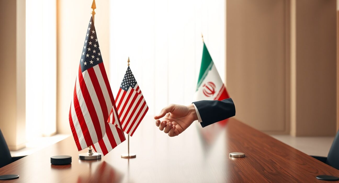 US and Iranian diplomats shaking hands at a negotiation table with national flags in background