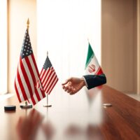 US and Iranian diplomats shaking hands at a negotiation table with national flags in background