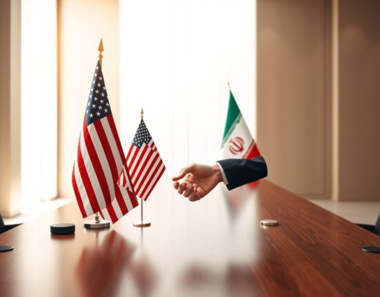US and Iranian diplomats shaking hands at a negotiation table with national flags in background