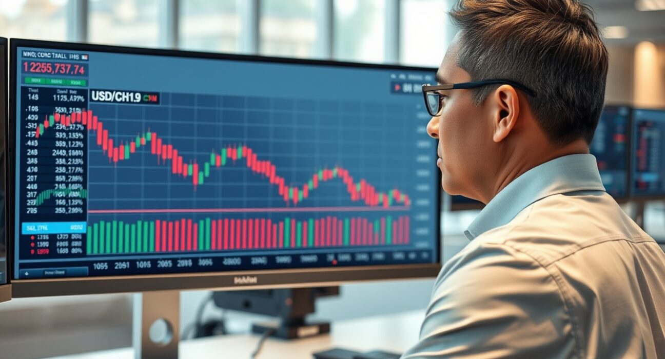 Financial analyst reviews USD/CNH chart showing bearish momentum nearing key support levels.