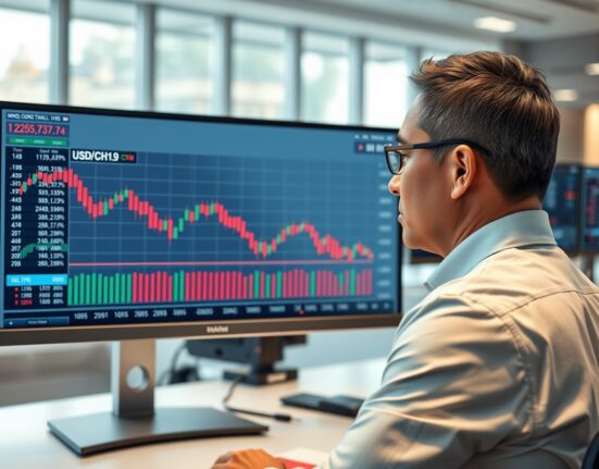 Financial analyst reviews USD/CNH chart showing bearish momentum nearing key support levels.