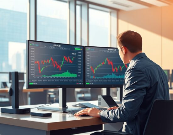 Financial analyst monitoring USD/CNH and oil price charts on trading desk displays