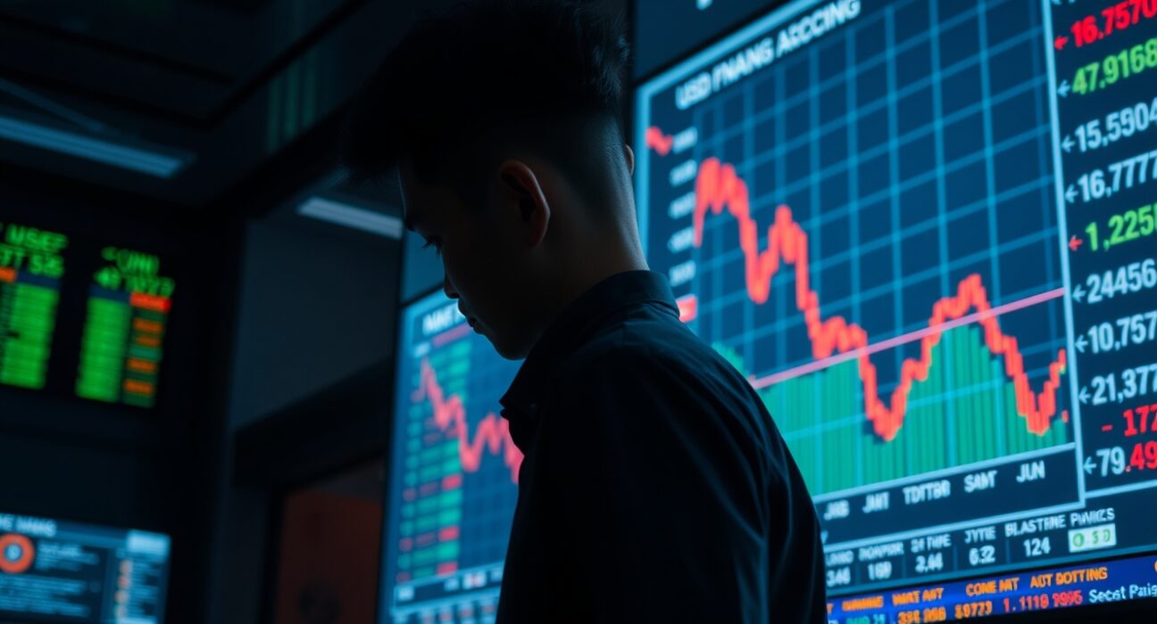 Financial analyst reviewing a USD/CNH chart showing a downward trend on a trading floor monitor