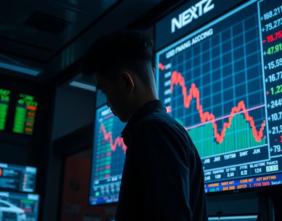 Financial analyst reviewing a USD/CNH chart showing a downward trend on a trading floor monitor