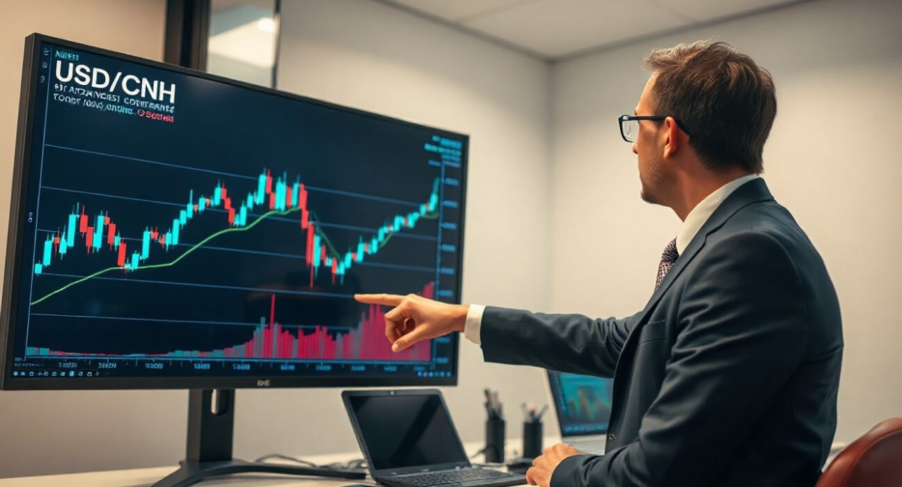 Analyst pointing at USD/CNH chart showing downward trend