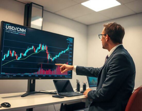 Analyst pointing at USD/CNH chart showing downward trend