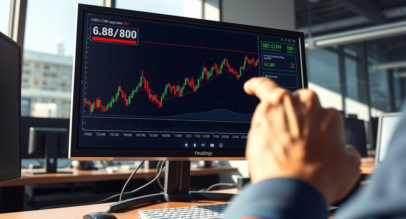 USD/CNH forex chart showing an upward trend to 6.8800 on a professional trading desk monitor.