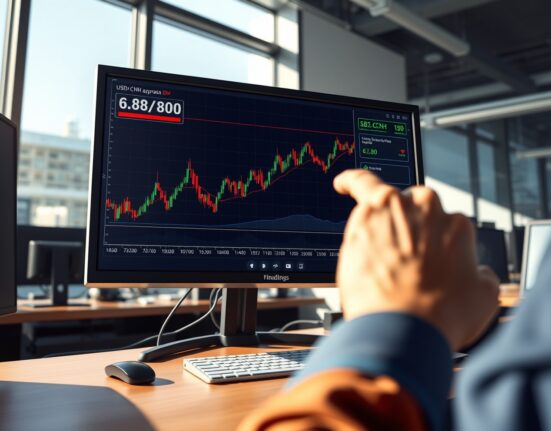USD/CNH forex chart showing an upward trend to 6.8800 on a professional trading desk monitor.