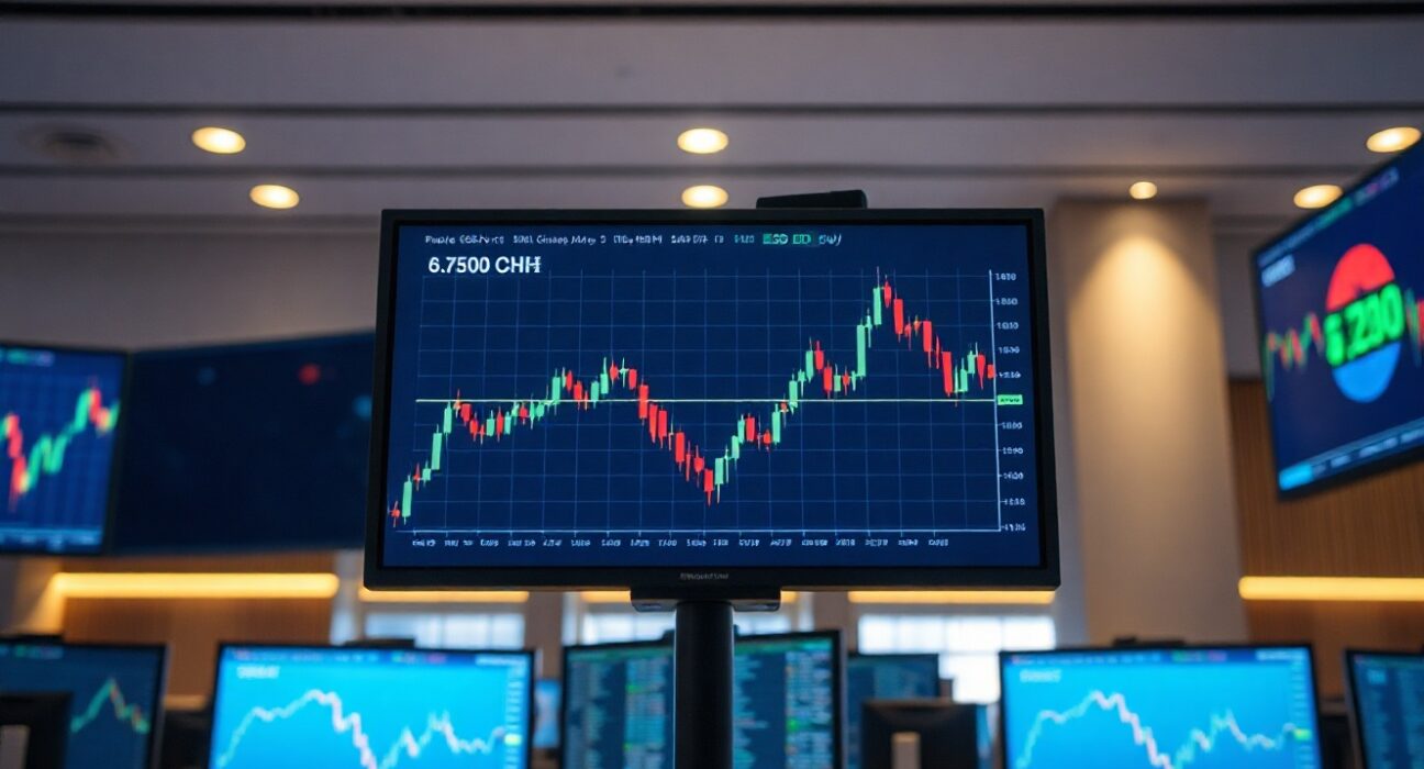 USD/CNH candlestick chart approaching 6.7500 support level on a trading screen