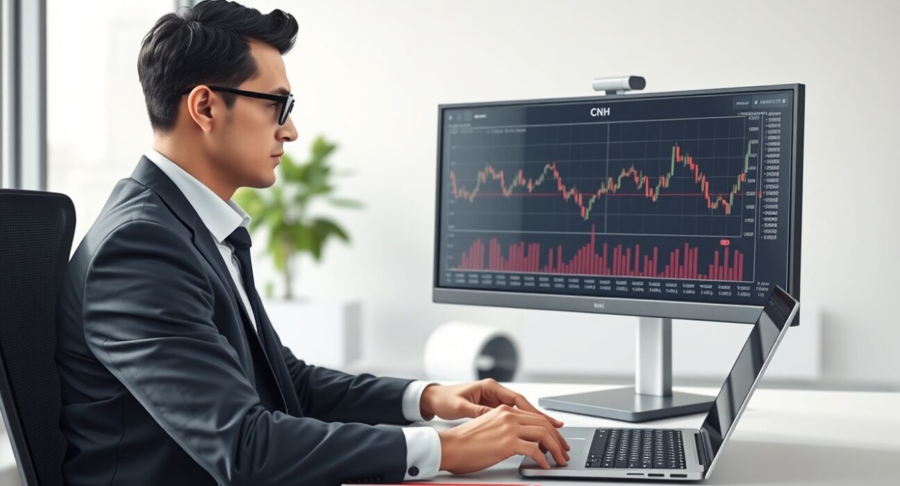 Financial analyst examines USD/CNH currency charts showing upward movement trends in trading
