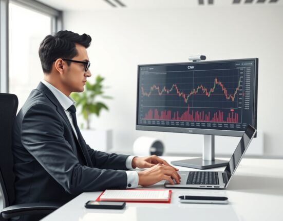 Financial analyst examines USD/CNH currency charts showing upward movement trends in trading environment