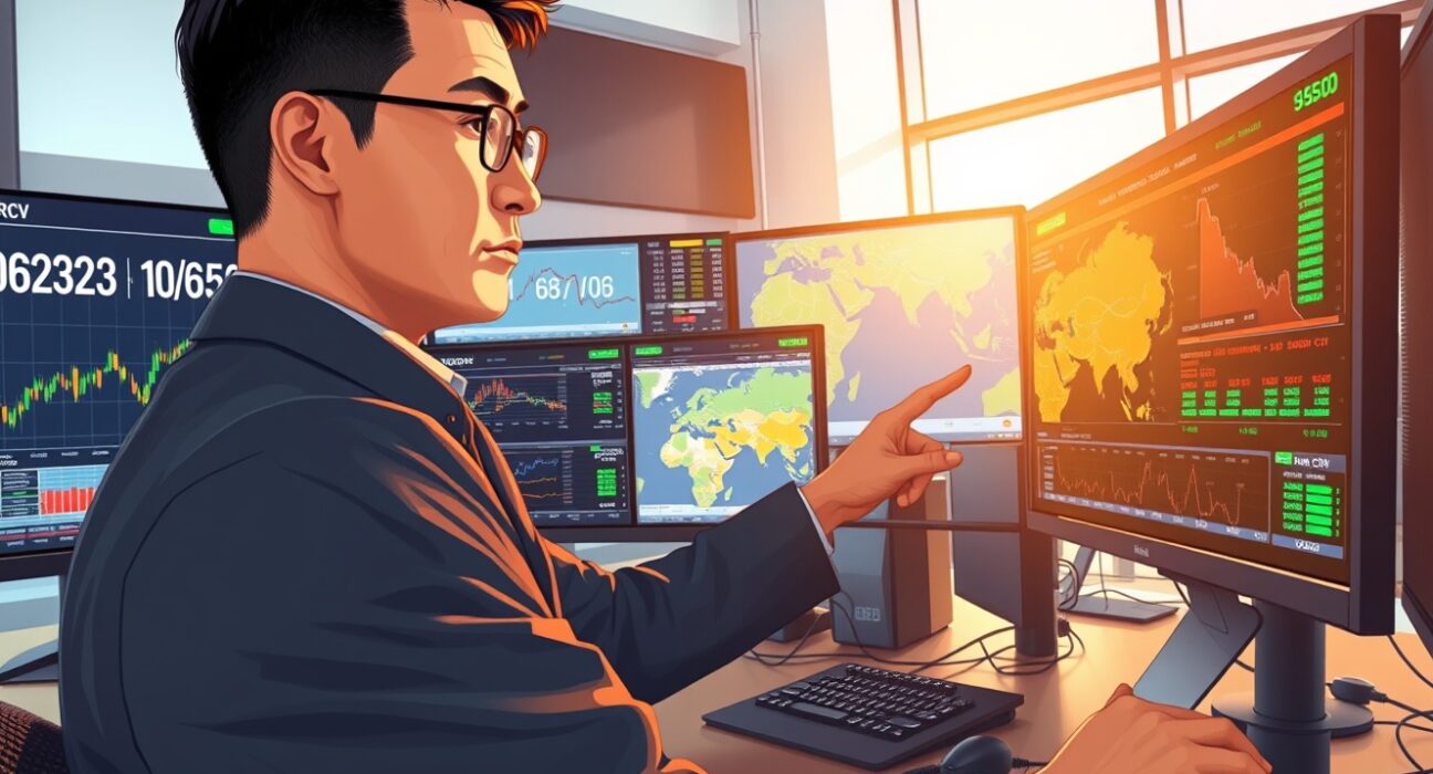 Financial analyst examines USD/CNY exchange rate charts amid Middle East geopolitical risk assessment