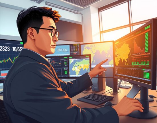 Financial analyst examines USD/CNY exchange rate charts amid Middle East geopolitical risk assessment