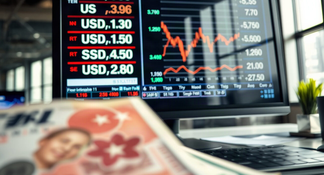 USD/CNY exchange rate chart displayed on a trading screen, with Chinese yuan and US dollar banknotes nearby
