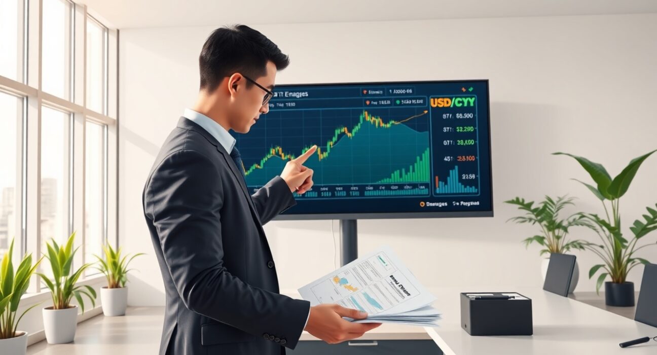 Financial analyst reviewing USD/CNY exchange rate data and cross-border lending implications in professional setting