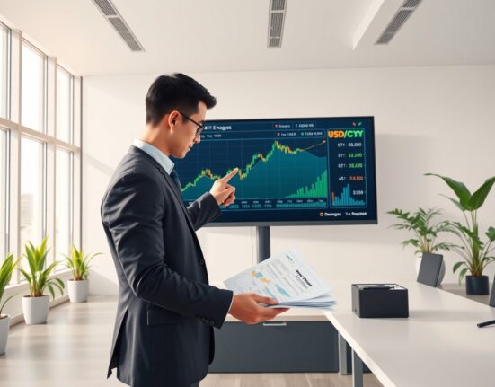 Financial analyst reviewing USD/CNY exchange rate data and cross-border lending implications in professional setting