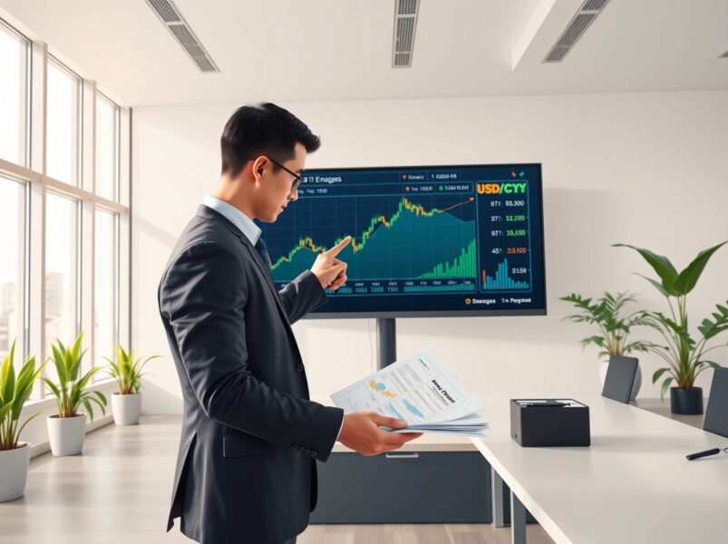 Financial analyst reviewing USD/CNY exchange rate data and cross-border lending implications in professional setting