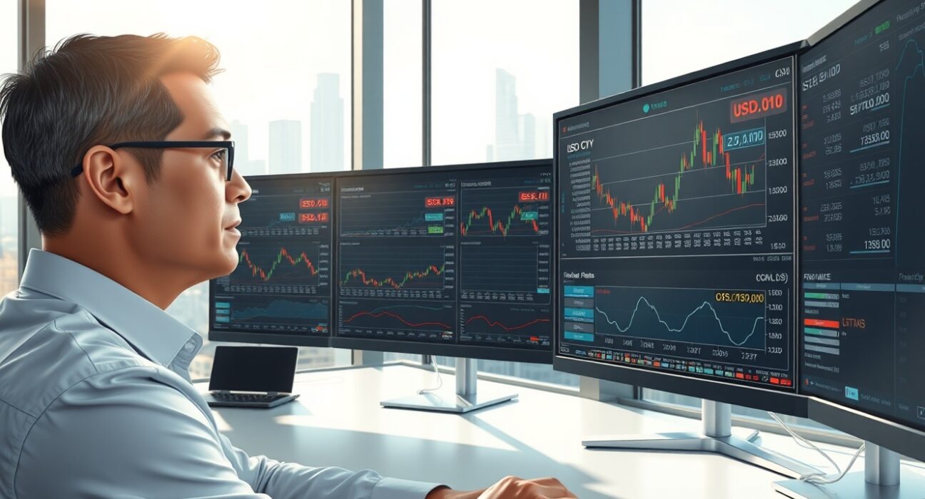 Financial analyst monitoring USD/CNY exchange rate charts and data in professional trading environment
