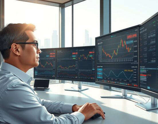 Financial analyst monitoring USD/CNY exchange rate charts and data in professional trading environment