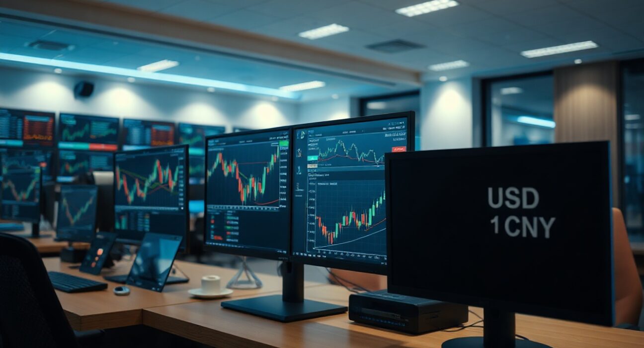 Trading screens showing USD/CNY exchange rate charts in a modern financial office