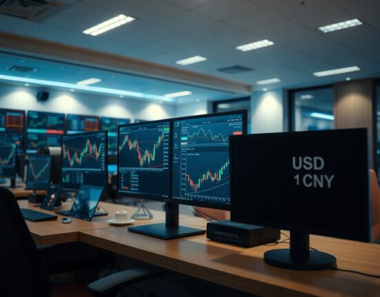 Trading screens showing USD/CNY exchange rate charts in a modern financial office
