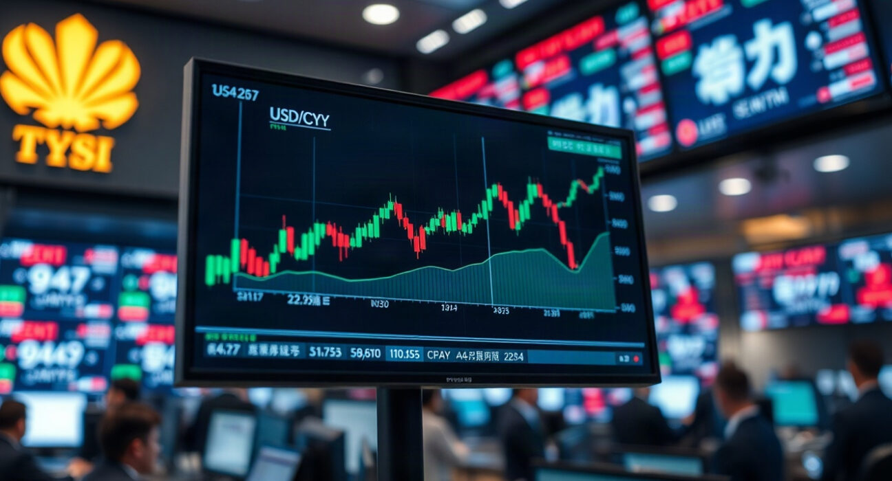 USD/CNY currency chart on a trading screen in a modern financial office
