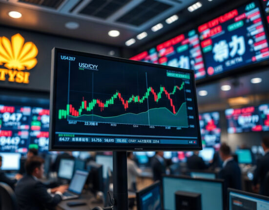 USD/CNY currency chart on a trading screen in a modern financial office