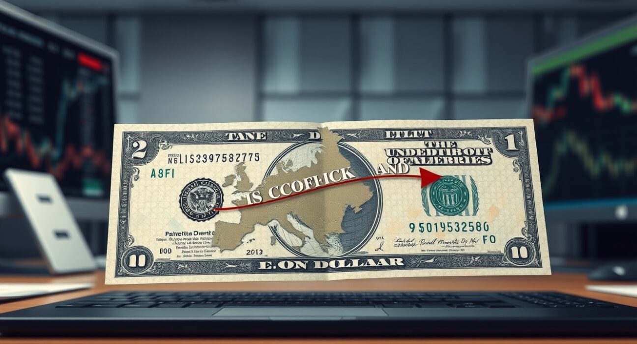 USD banknote with conflict timeline overlay representing Societe Generale analysis on currency performance