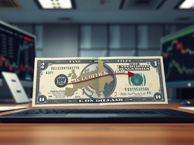 USD banknote with conflict timeline overlay representing Societe Generale analysis on currency performance