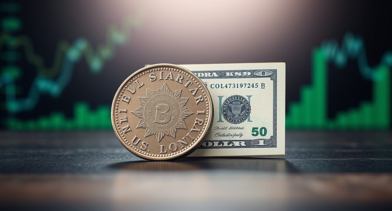 Colombian peso coin and US dollar bill side by side on a dark surface, representing exchange rate trends.