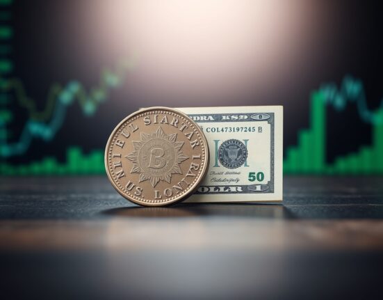 Colombian peso coin and US dollar bill side by side on a dark surface, representing exchange rate trends.
