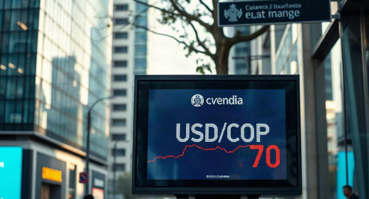 Digital currency exchange board showing USD/COP rate at seven-year low in Bogotá