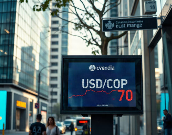 Digital currency exchange board showing USD/COP rate at seven-year low in Bogotá