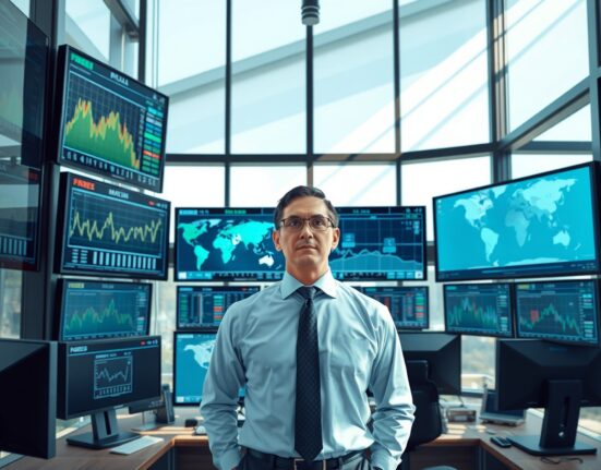 Financial analyst reviewing USD currency charts and geopolitical risk assessment data in trading environment