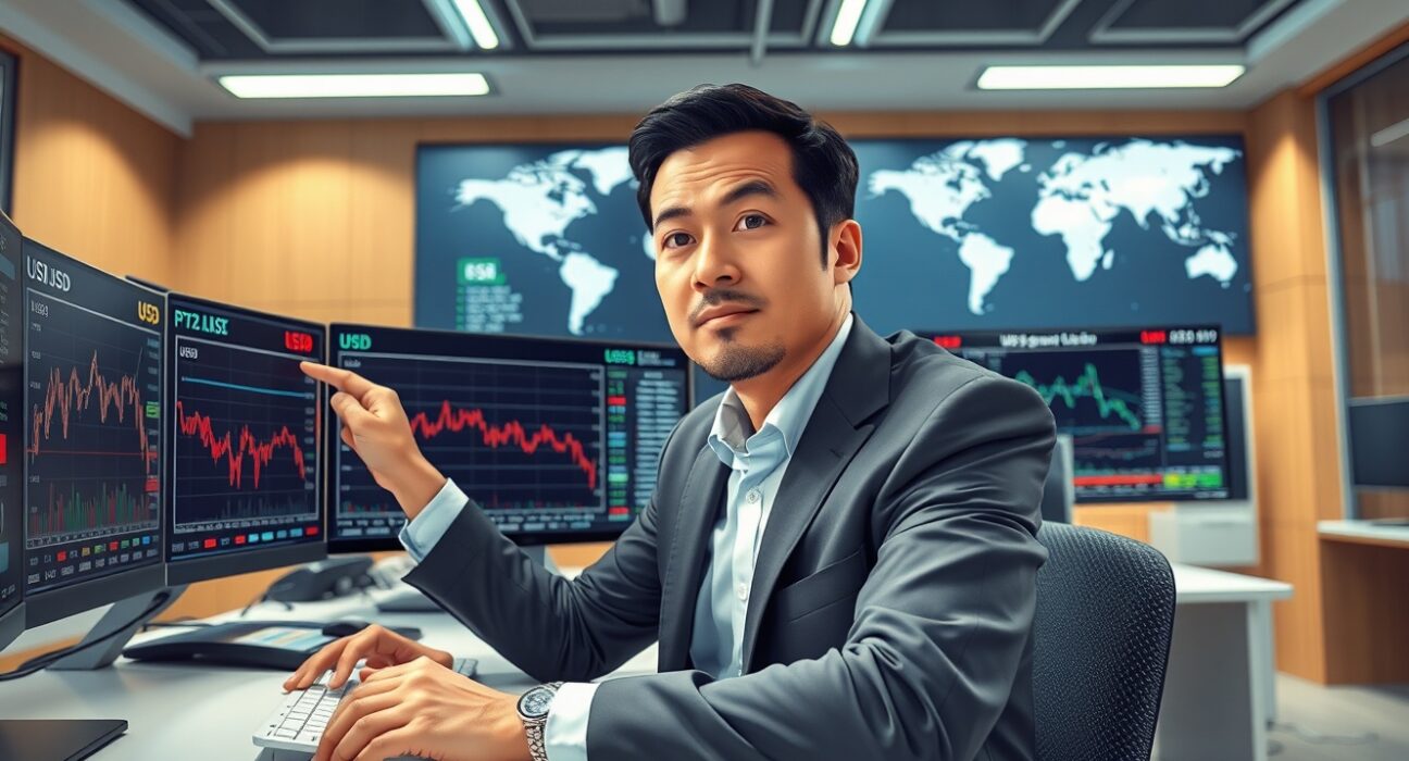 Financial analyst examining USD decline charts and economic data in trading environment