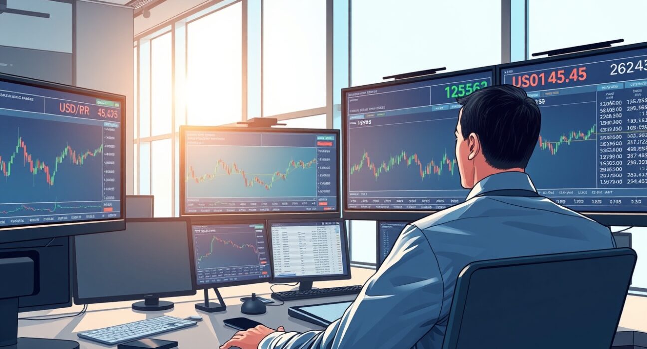 Financial analyst monitoring USD currency volatility driven by Iran geopolitical factors on trading desk