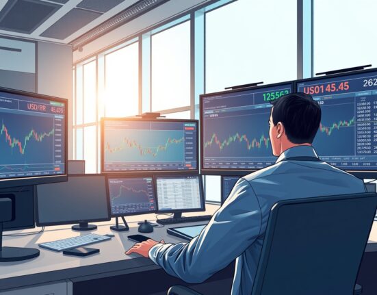 Financial analyst monitoring USD currency volatility driven by Iran geopolitical factors on trading desk