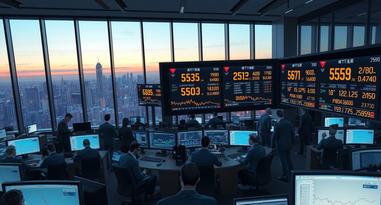 Financial traders analyzing USD dominance and global currency weakness on trading floor displays