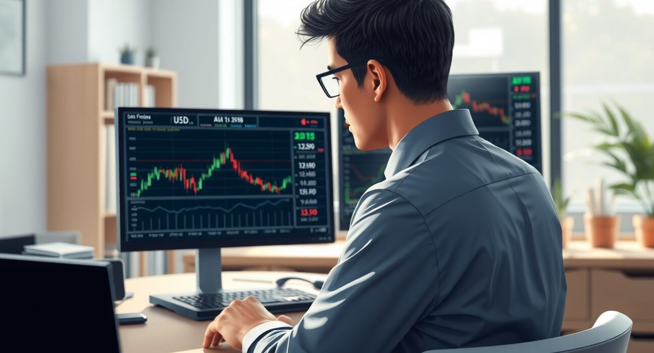 Financial analyst examining USD currency charts and economic indicators for market analysis