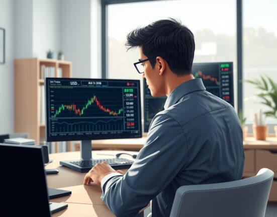 Financial analyst examining USD currency charts and economic indicators for market analysis