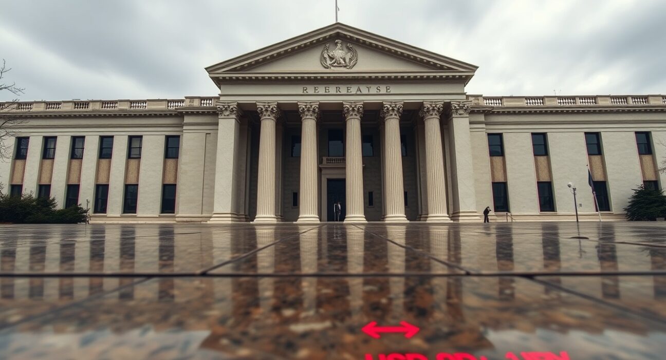 US Federal Reserve building exterior with cloudy sky, representing USD downside risks from Fed politics in 2025.