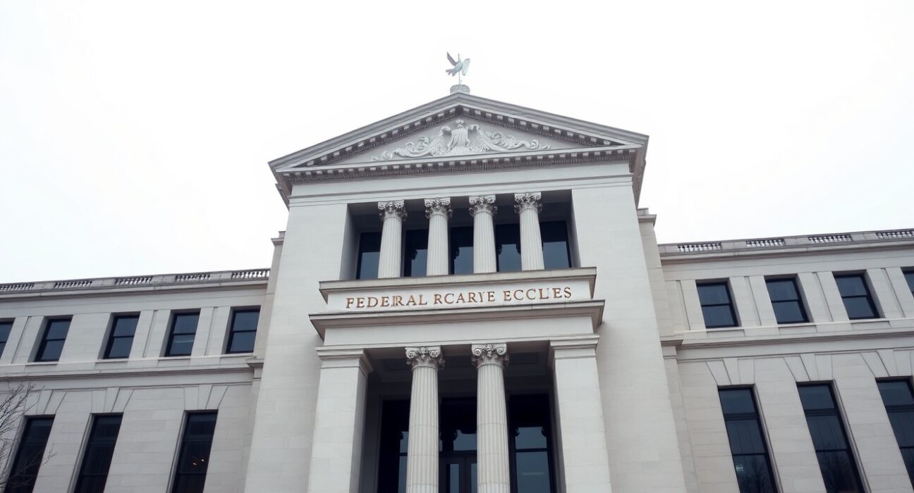 Exterior of the Federal Reserve building in Washington, D.C., under overcast skies.