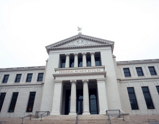 Exterior of the Federal Reserve building in Washington, D.C., under overcast skies.
