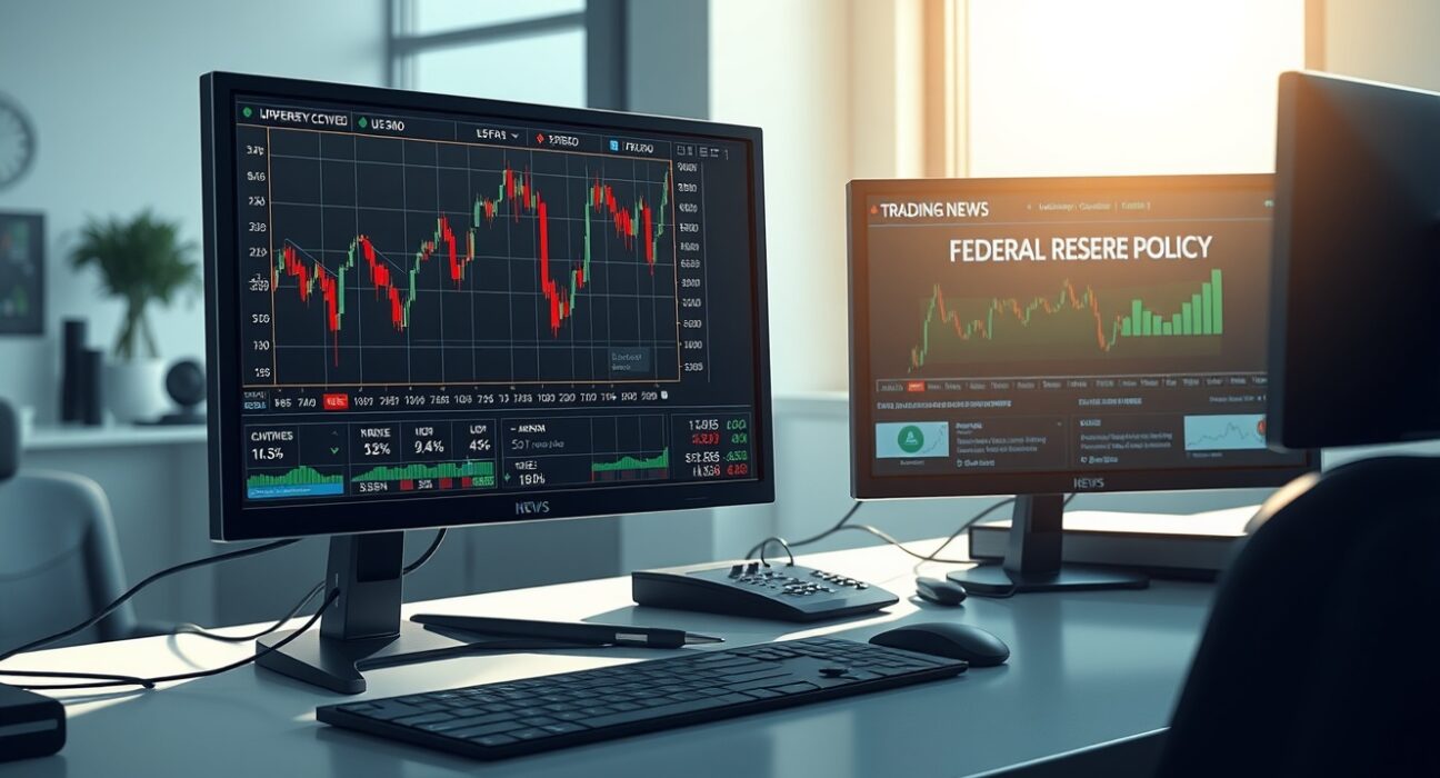 USD currency analysis showing Federal Reserve policy impact on trading desk monitors with financial data displays