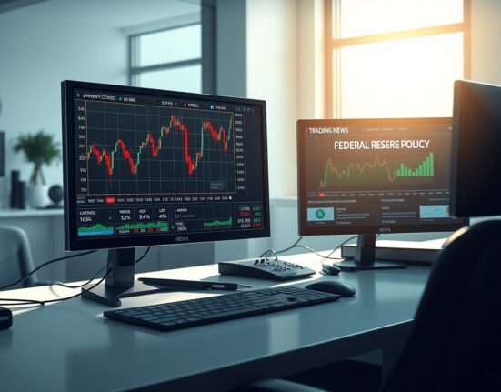 USD currency analysis showing Federal Reserve policy impact on trading desk monitors with financial data displays