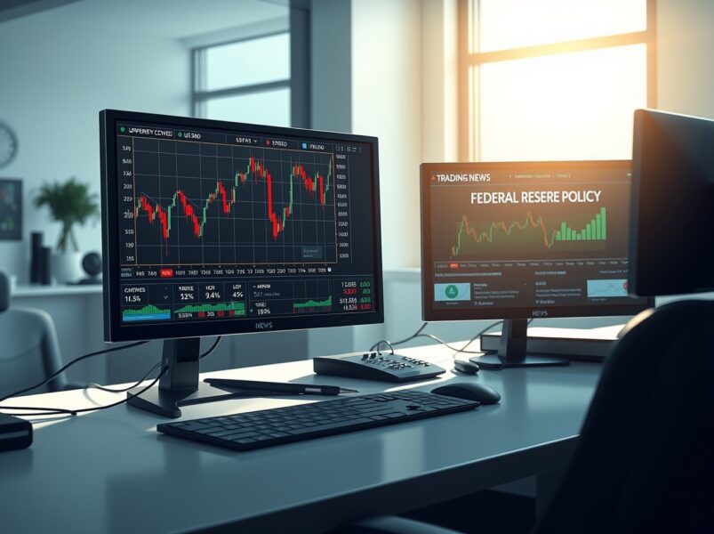 USD currency analysis showing Federal Reserve policy impact on trading desk monitors with financial data displays