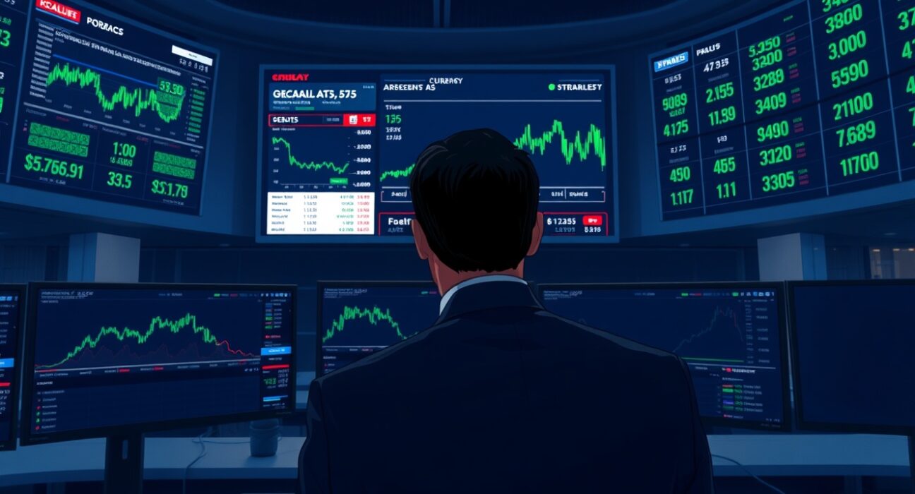 Financial analyst monitoring USD currency charts amid geopolitical market stress on trading floor