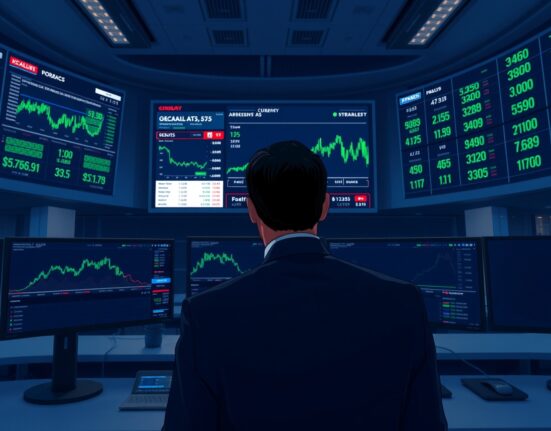 Financial analyst monitoring USD currency charts amid geopolitical market stress on trading floor