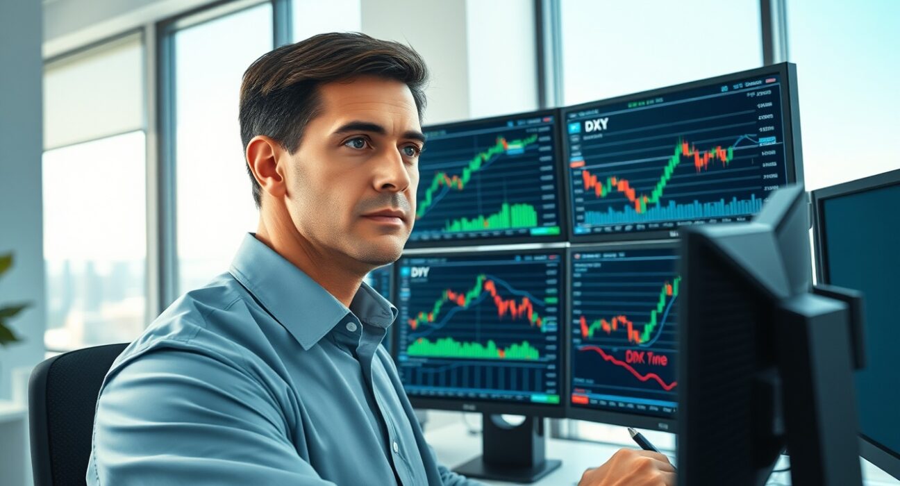 Financial analyst examining DXY forex charts for USD haven bid analysis in trading environment